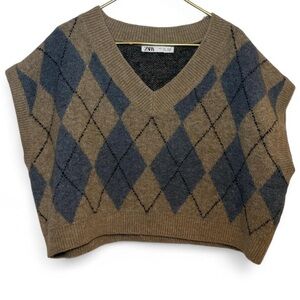 Zara tan and blue argyle knit cropped boxy sweater vest